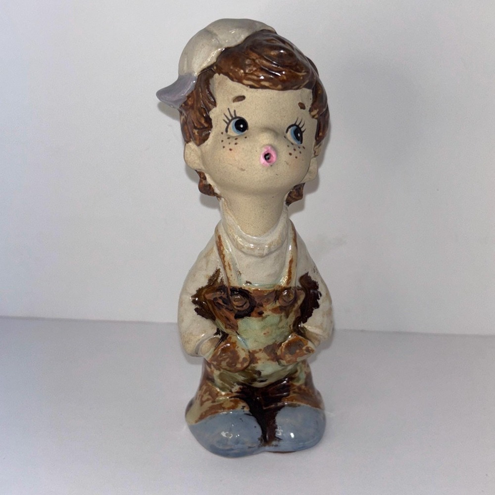 Vintage Lefton Japan Kissing Boy Figurine Stoneware Partly Unglazed 6"